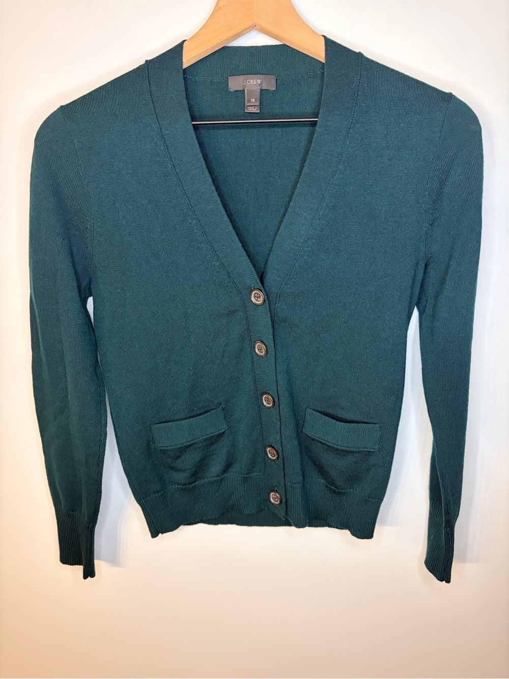 J.Crew Women’s Dark Green Merino Wool V Neck Cardigan Sweater, Size XS